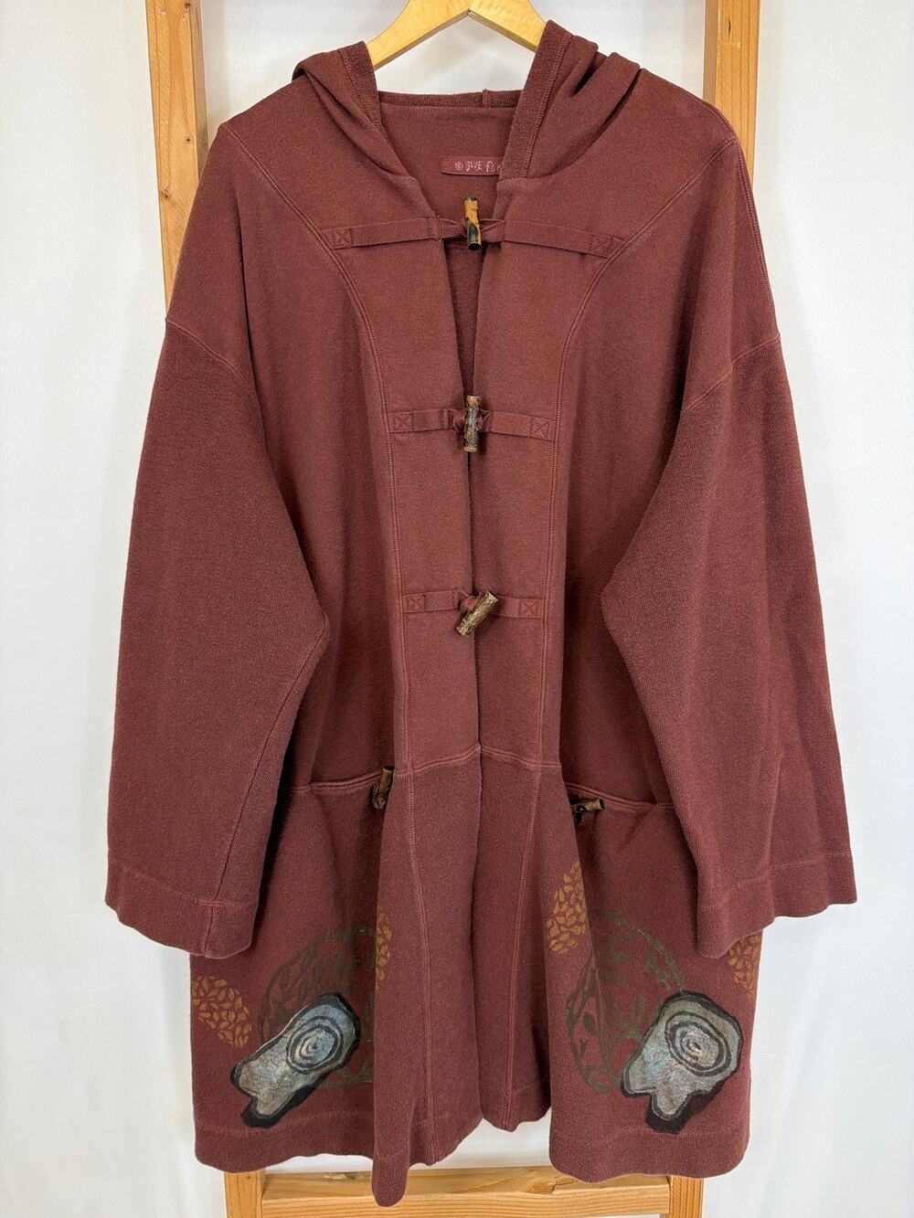 Blue Fish Hooded Long Jacket Brown Multicolored Pattern Toggle Closure Size 2